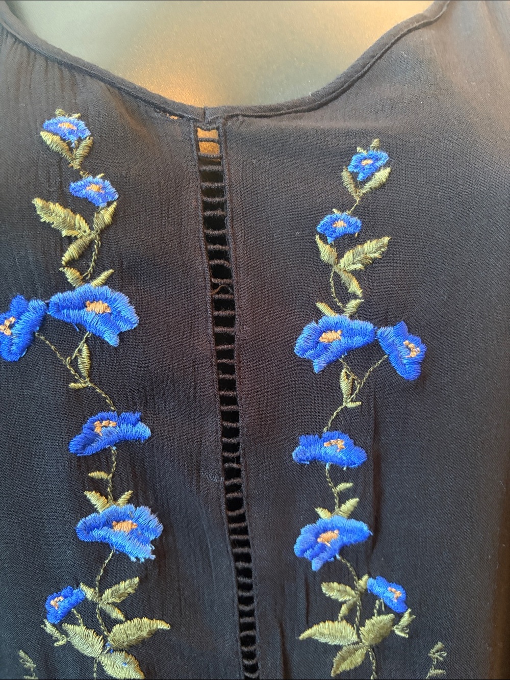 American Eagle Outfitters Black Cami with Blue Floral Embroidery